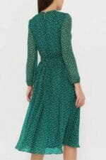 Dot Print Lantern Sleeve Belted Midi Dress