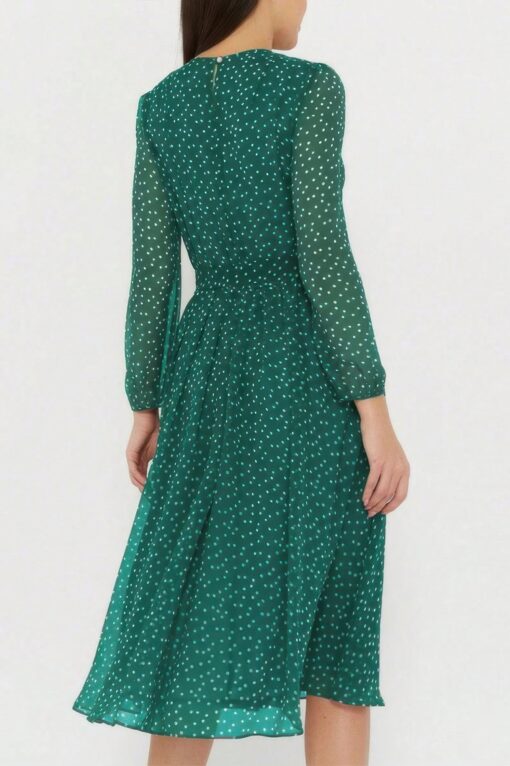 Dot Print Lantern Sleeve Belted Midi Dress - Image 3