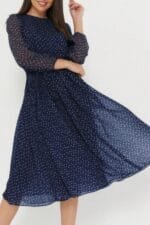 Dot Print Lantern Sleeve Belted Midi Dress