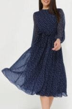 Dot Print Lantern Sleeve Belted Midi Dress