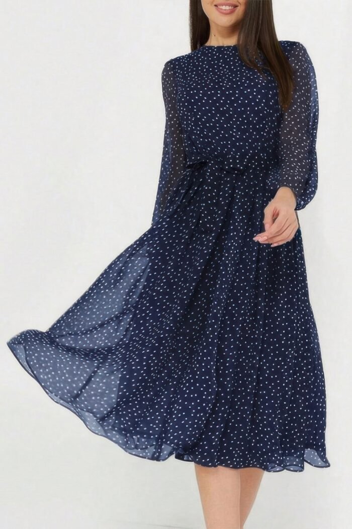 Dot print lantern sleeve belted midi dress - image 5