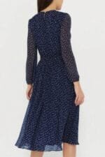 Dot Print Lantern Sleeve Belted Midi Dress