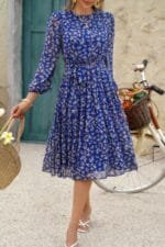 Dot Print Lantern Sleeve Belted Midi Dress