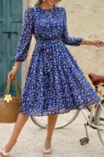 Dot Print Lantern Sleeve Belted Midi Dress