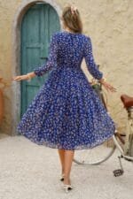 Dot Print Lantern Sleeve Belted Midi Dress