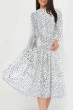 Dot Print Lantern Sleeve Belted Midi Dress