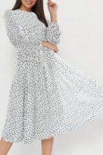 Dot Print Lantern Sleeve Belted Midi Dress