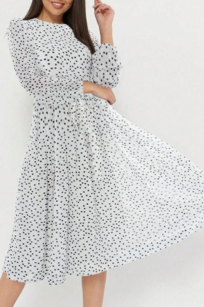 Dot print lantern sleeve belted midi dress - image 11