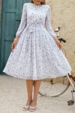 Dot Print Lantern Sleeve Belted Midi Dress