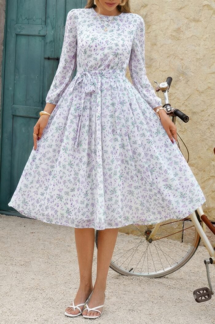 Dot print lantern sleeve belted midi dress - image 13