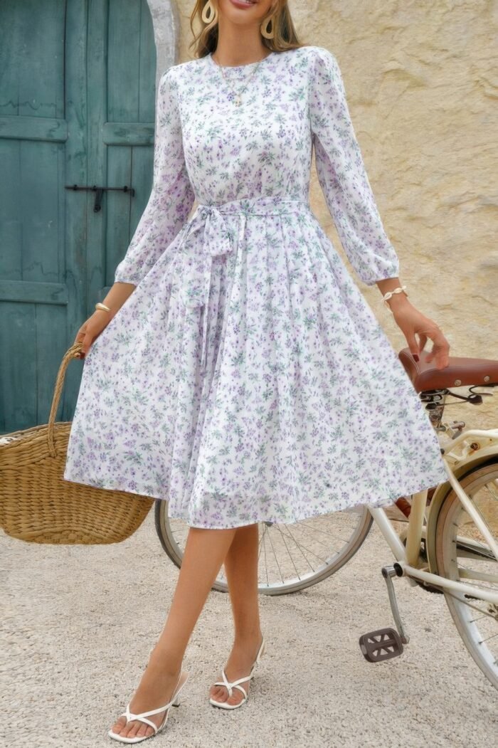 Dot print lantern sleeve belted midi dress - image 14