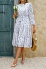 Dot Print Lantern Sleeve Belted Midi Dress