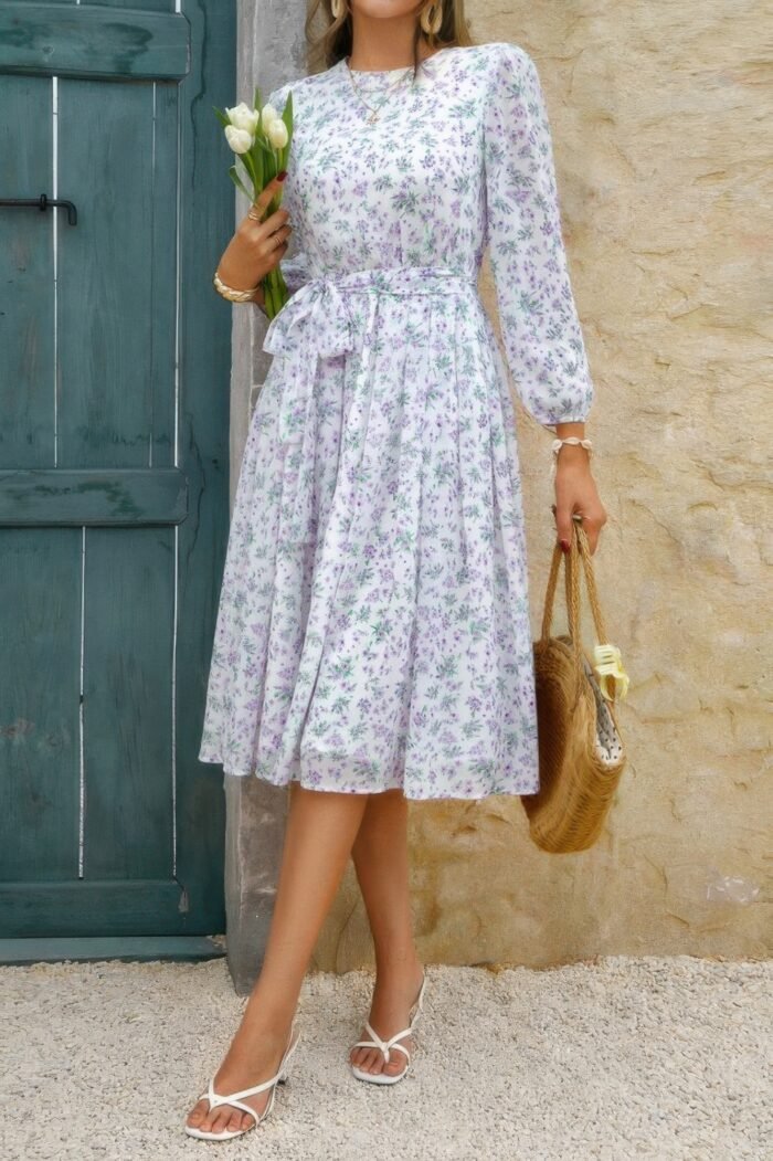 Dot print lantern sleeve belted midi dress - image 15