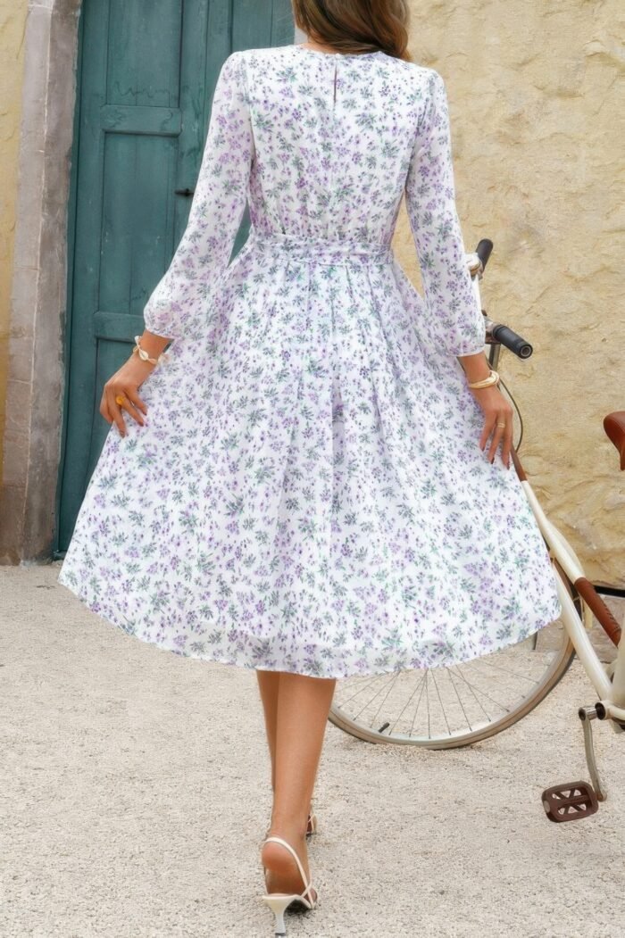 Dot print lantern sleeve belted midi dress - image 16
