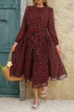 Dot Print Lantern Sleeve Belted Midi Dress