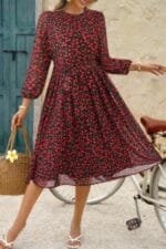 Dot Print Lantern Sleeve Belted Midi Dress