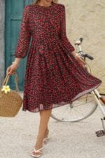 Dot Print Lantern Sleeve Belted Midi Dress