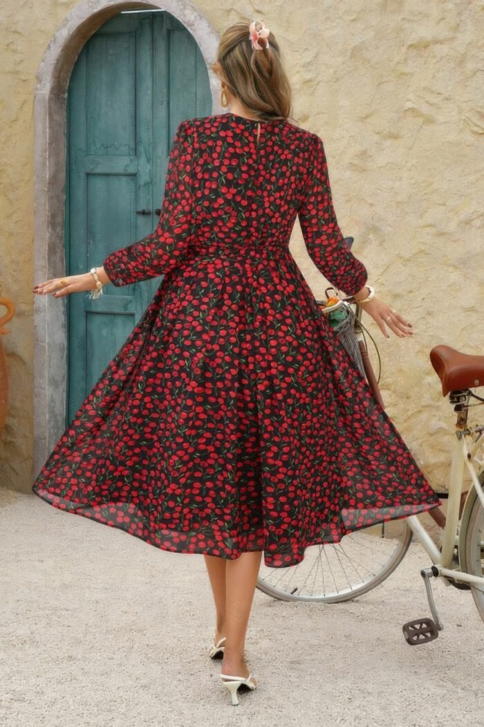 Dot print lantern sleeve belted midi dress - image 20