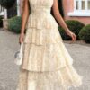 Floral Sleeveless Tie Back Tiered Full Dress