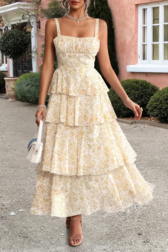 Floral sleeveless tie back tiered full dress - image 1
