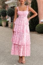 Floral Sleeveless Tie Back Tiered Full Dress