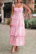 Floral Sleeveless Tie Back Tiered Full Dress