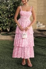 Floral Sleeveless Tie Back Tiered Full Dress