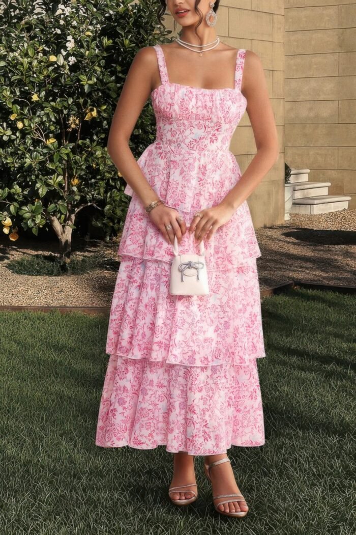 Floral sleeveless tie back tiered full dress - image 6
