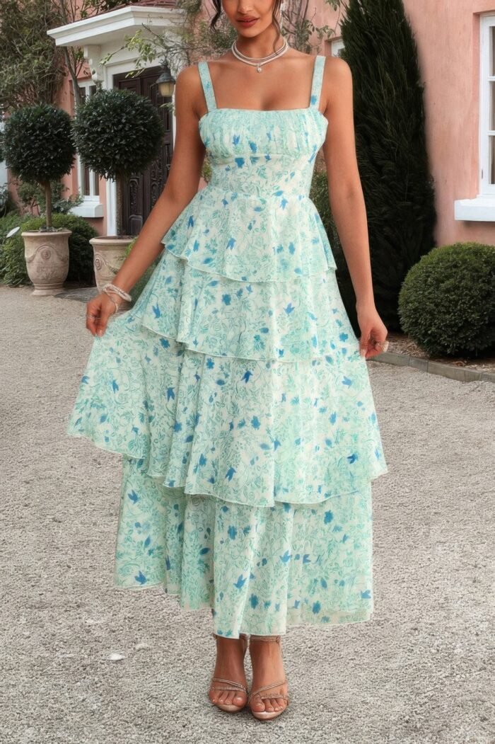 Floral sleeveless tie back tiered full dress - image 8