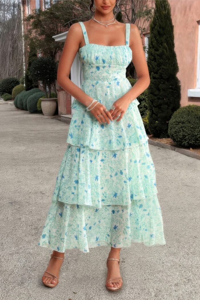 Floral sleeveless tie back tiered full dress - image 9