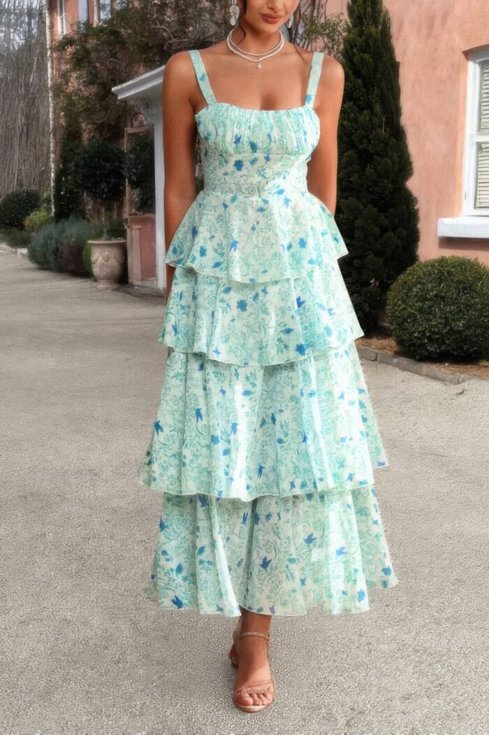 Floral sleeveless tie back tiered full dress - image 10