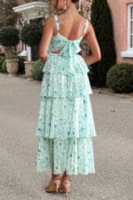 Floral Sleeveless Tie Back Tiered Full Dress