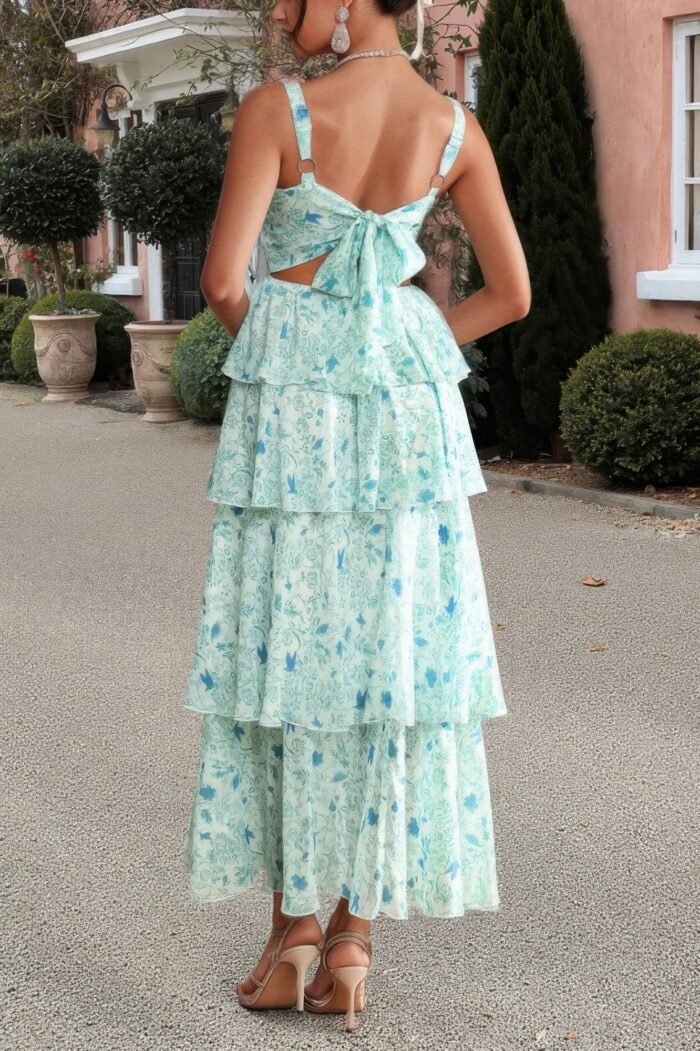 Floral sleeveless tie back tiered full dress - image 11