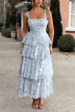 Floral Sleeveless Tie Back Tiered Full Dress
