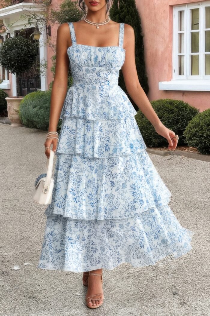 Floral sleeveless tie back tiered full dress - image 13