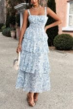 Floral Sleeveless Tie Back Tiered Full Dress