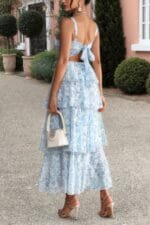Floral Sleeveless Tie Back Tiered Full Dress