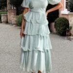 Off Shoulder Puff Short Sleeves Tiered Dress