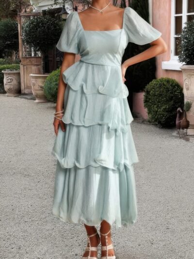 Off Shoulder Puff Short Sleeves Tiered Dress
