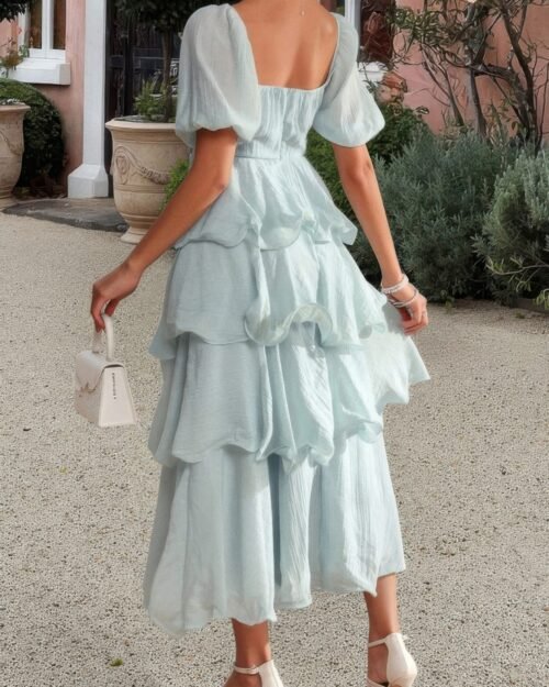 off shoulder puff short sleeves tiered dress