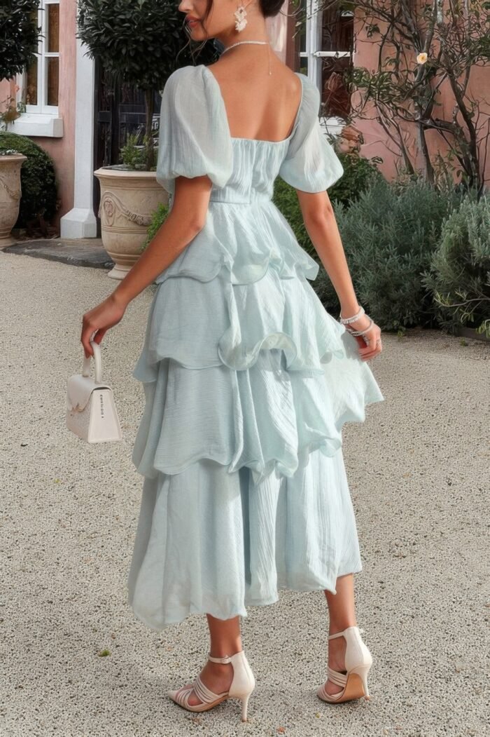 Off shoulder puff short sleeves tiered dress - image 3