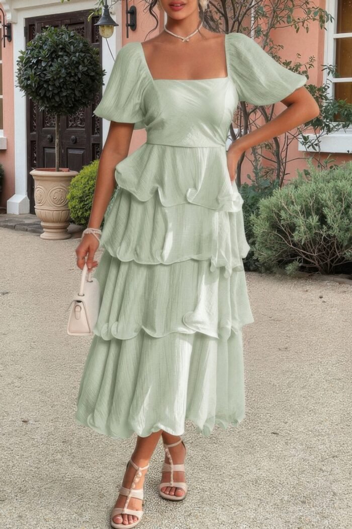 Off shoulder puff short sleeves tiered dress - image 5