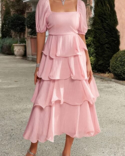 off shoulder puff short sleeves tiered dress