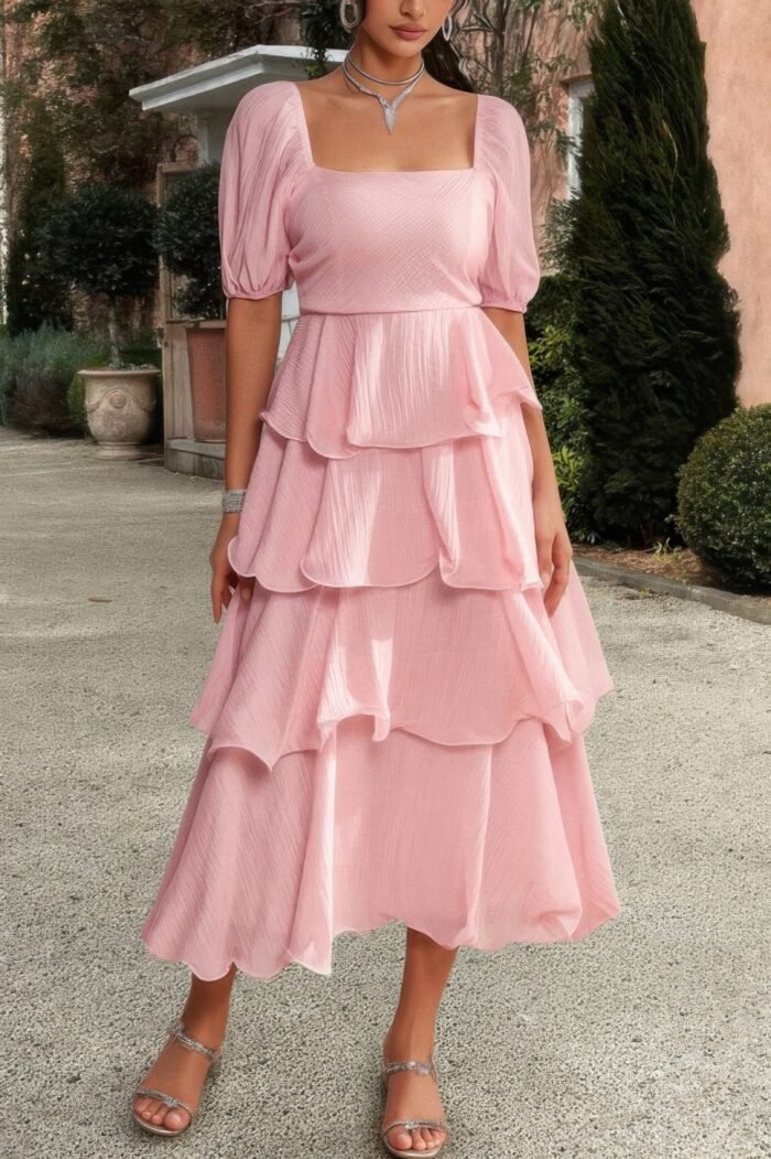 Off shoulder puff short sleeves tiered dress - image 7