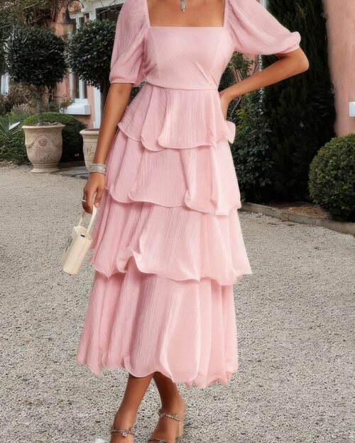 off shoulder puff short sleeves tiered dress