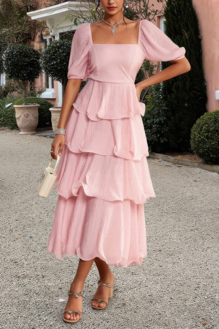 Off shoulder puff short sleeves tiered dress - image 9