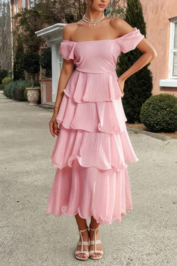 Off shoulder puff short sleeves tiered dress - image 10