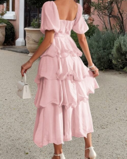 off shoulder puff short sleeves tiered dress