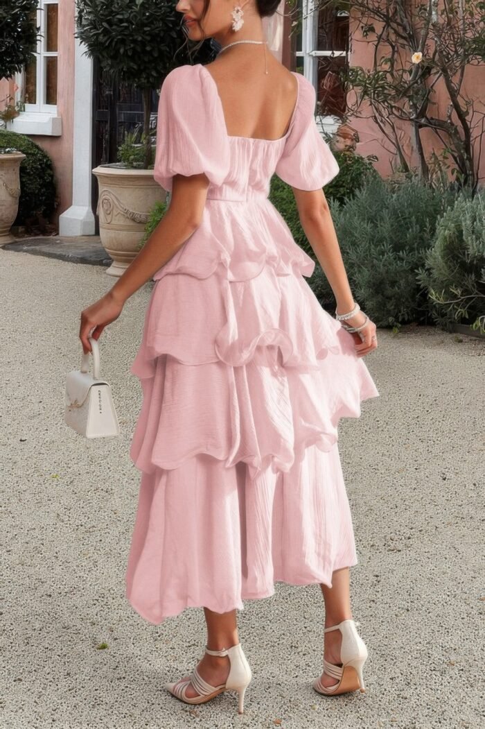 Off shoulder puff short sleeves tiered dress - image 11
