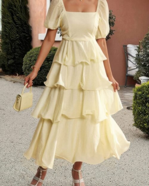 off shoulder puff short sleeves tiered dress